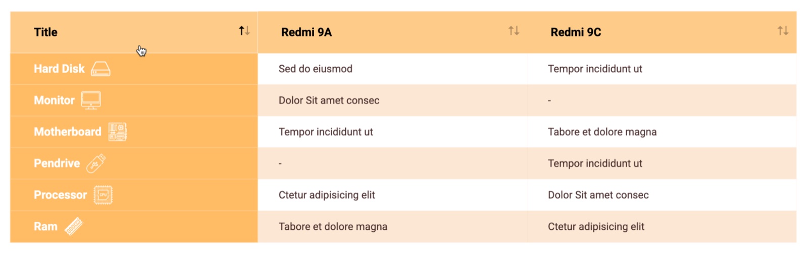 Element Pack table widget comparing two products across rows with sortable column headers