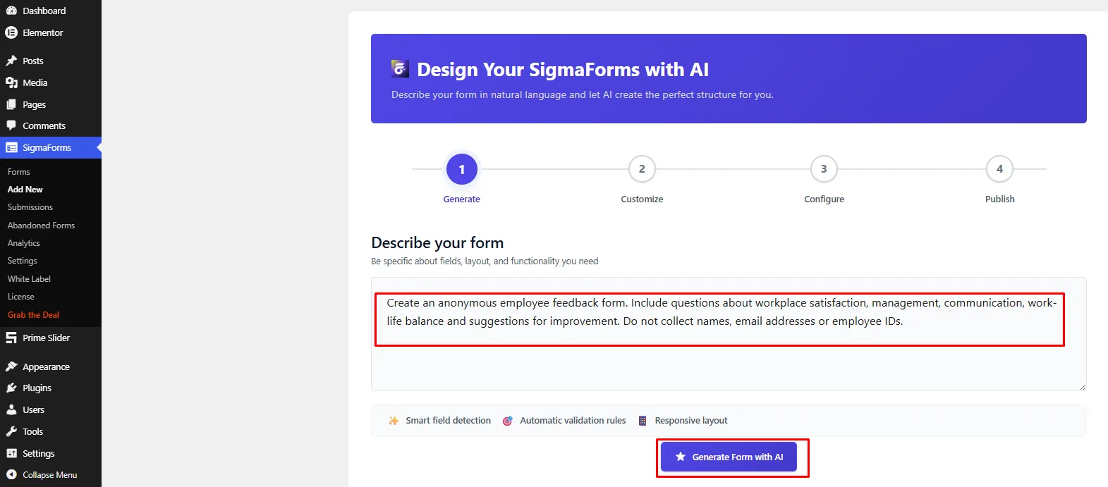 Customize the AI-generated feedback form fields