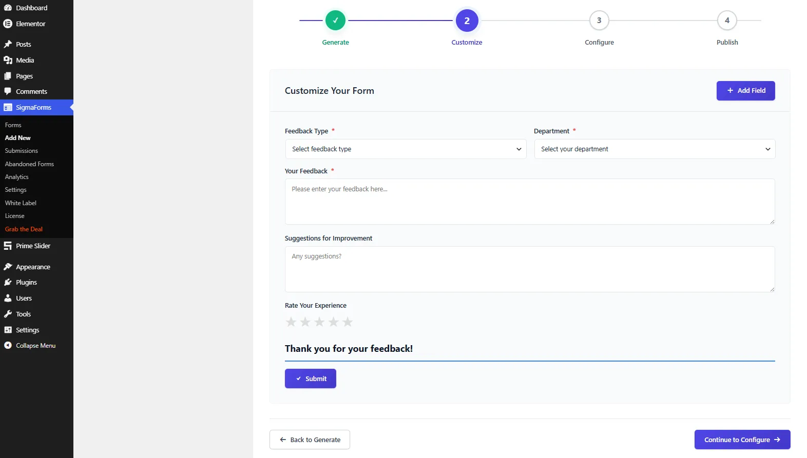 Form settings page with Continue to Publish option