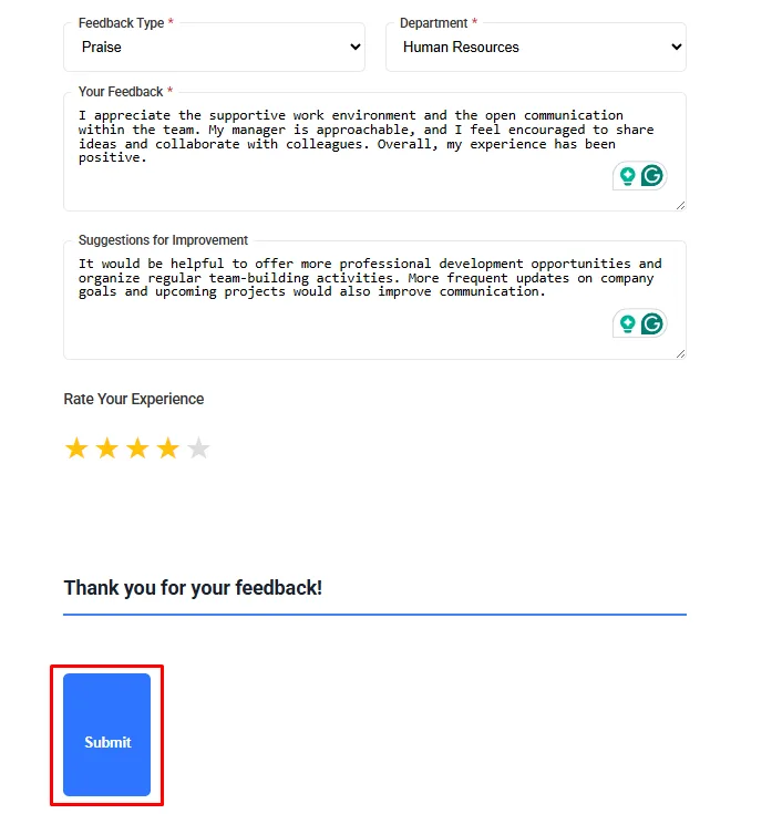 Success message after submitting the feedback form