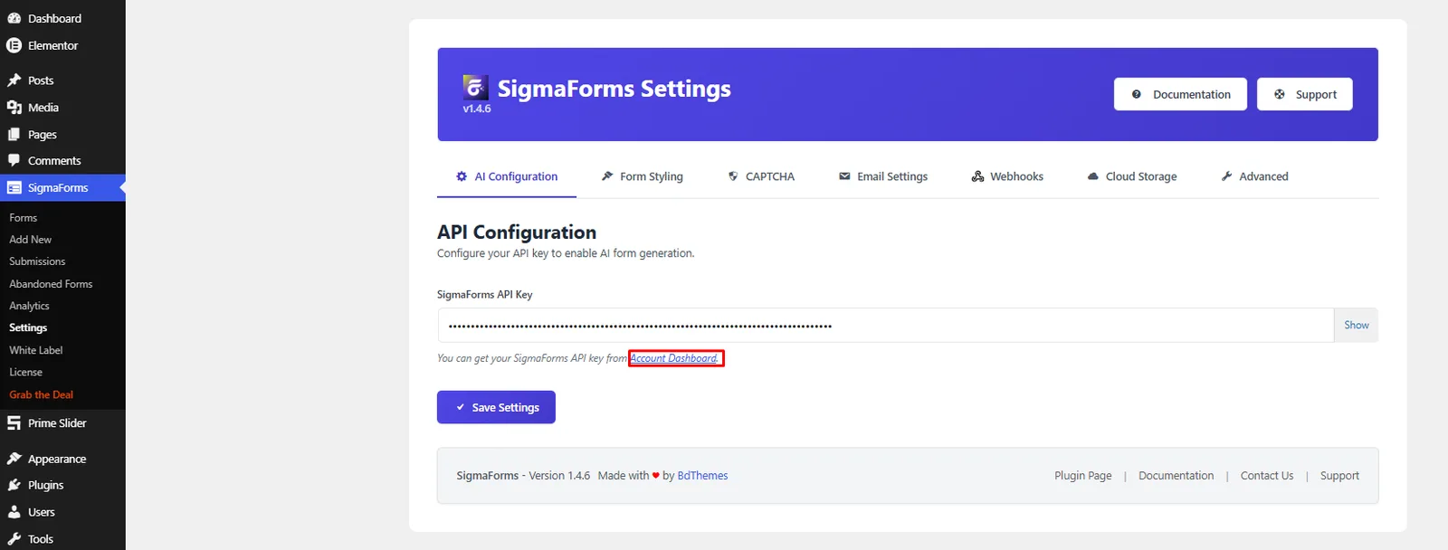 Save Sigma Forms API key settings