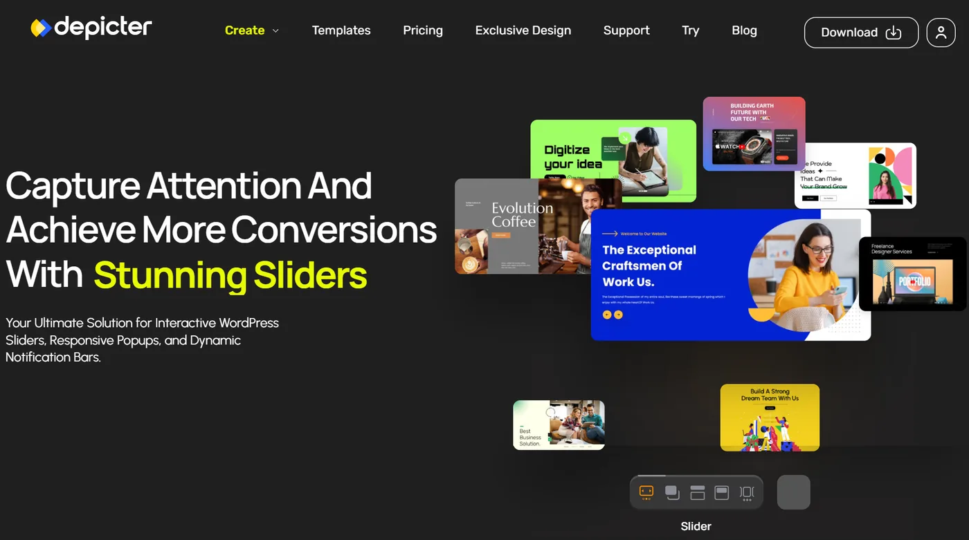 Depicter visual WordPress slider builder homepage