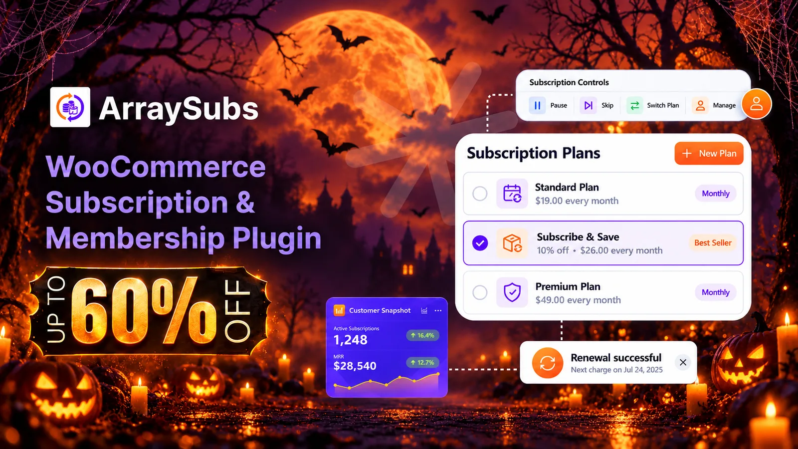 ArraySubs Halloween deal: up to 60% off, a WooCommerce subscription and membership plugin