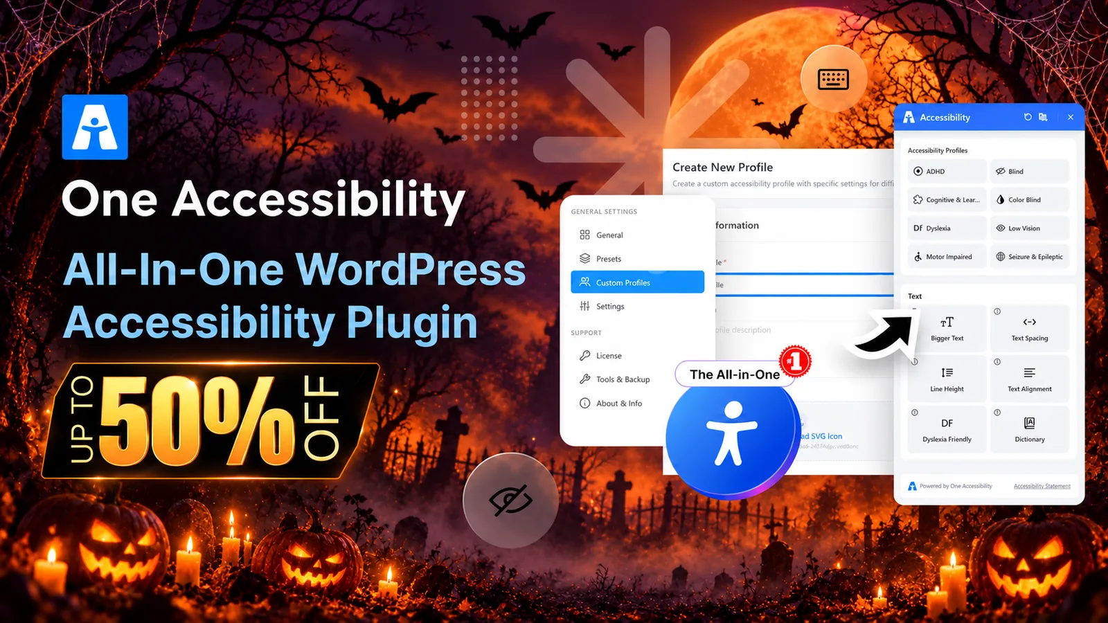 One Accessibility Halloween deal: up to 50% off, an all-in-one WordPress accessibility plugin