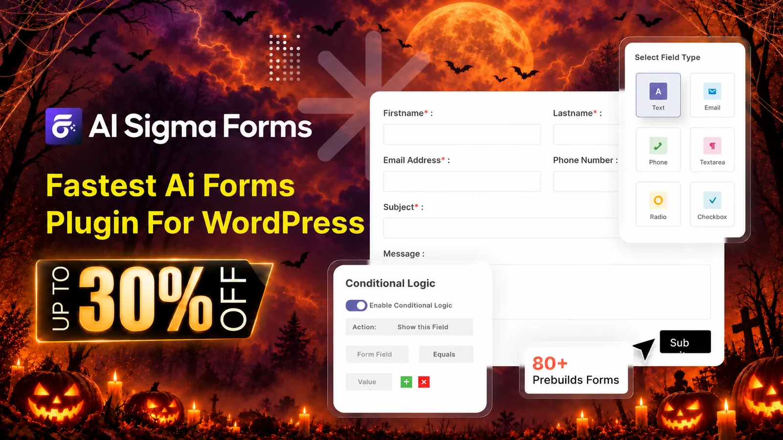 Sigma Forms Halloween deal: up to 50% off, the fastest AI forms plugin for WordPress