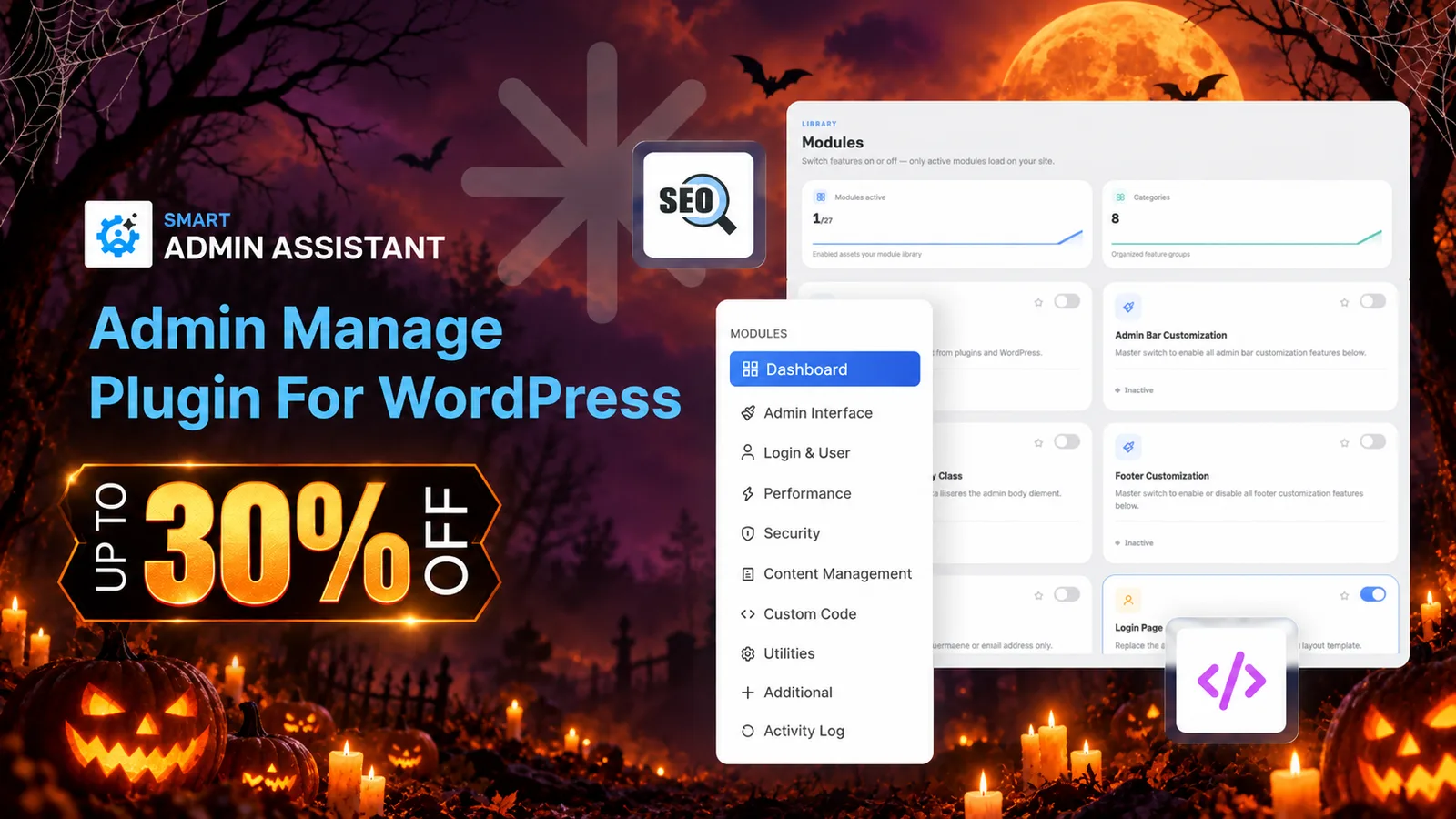 Smart Admin Assistant Halloween deal: up to 30% off, an admin manage plugin for WordPress