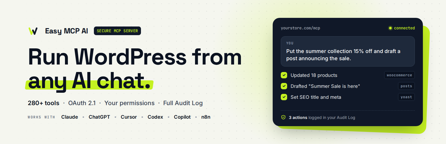 Easy MCP AI plugin banner: run WordPress from any AI chat