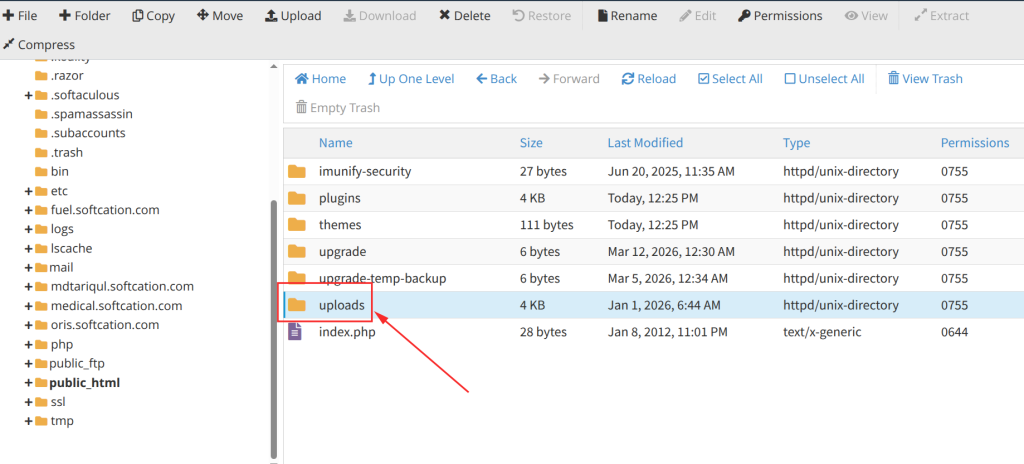 Select the Uploads Folder