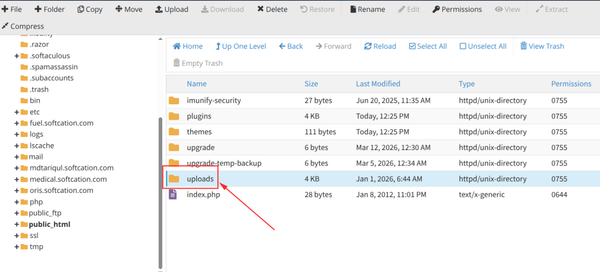 Select the Uploads Folder