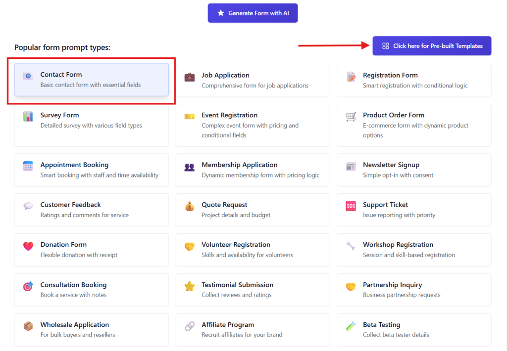 Choose the Contact Form template