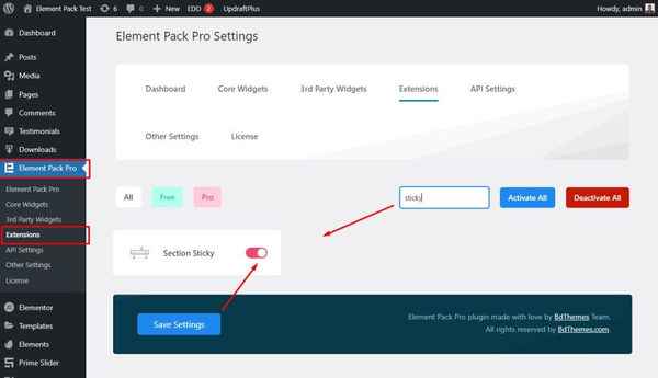 Make sticky header using Element Pack Pro
