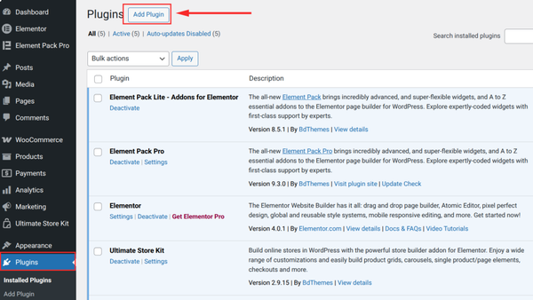 WordPress plugins management interface screenshot