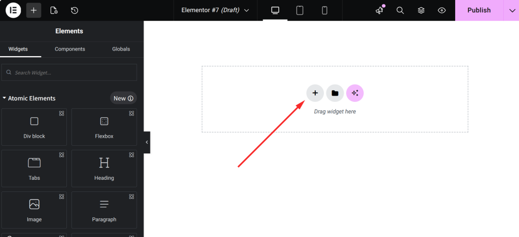 Website builder interface with widgets