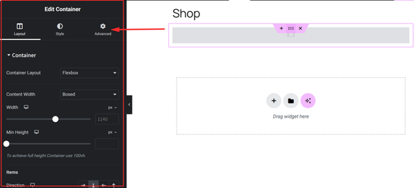 Editing container settings in design software