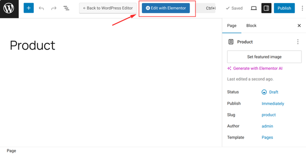 WordPress editor with Elementor option
