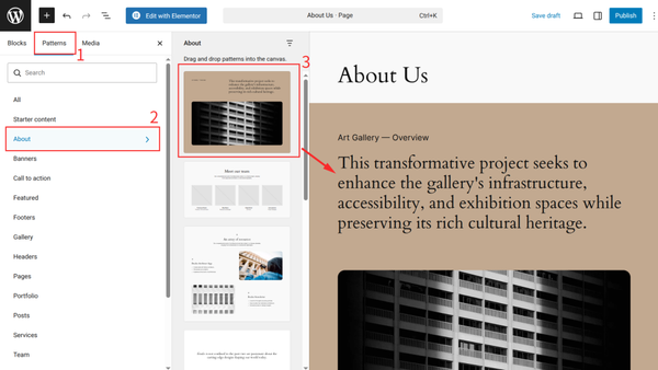 Website design interface with content sections