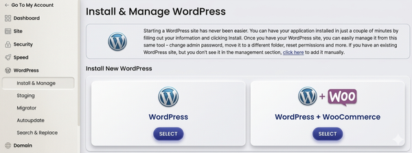 WordPress installation management interface