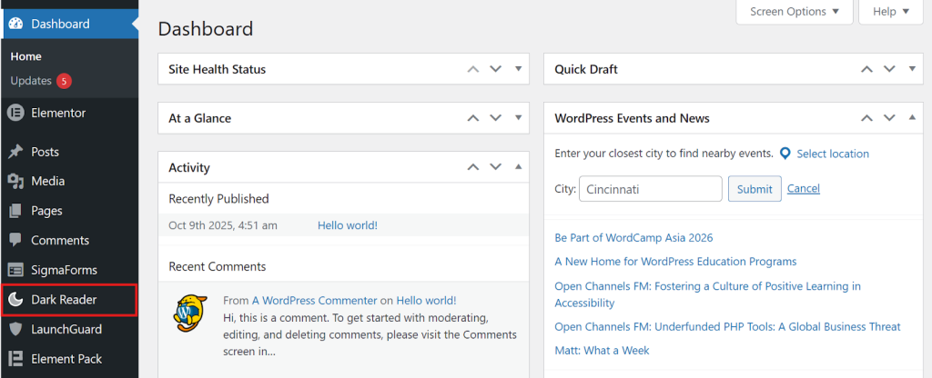Dashboard Menu → Dark Reader