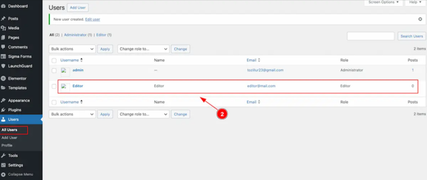 User management interface with editor highlighted