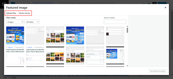 The same media library lightbox appears where you can upload or select an image.