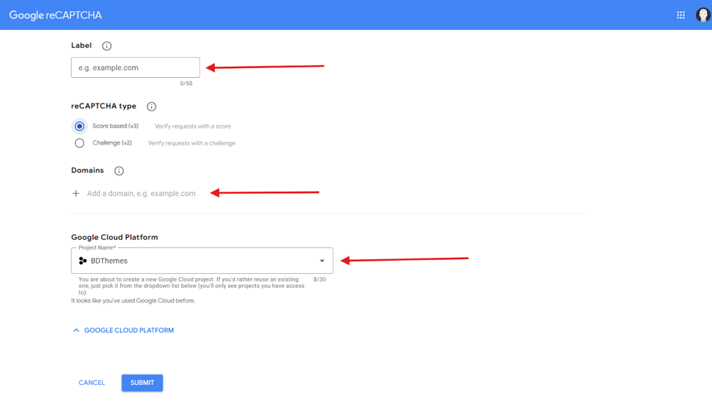 Obtain reCAPTCHA API Keys