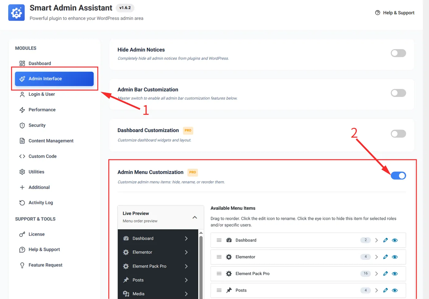 Enable the Admin Menu Customization setting