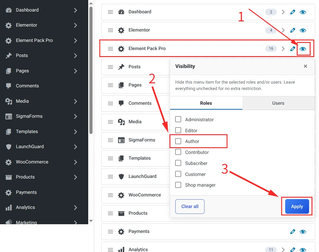 Hide WordPress admin menu items by role or user