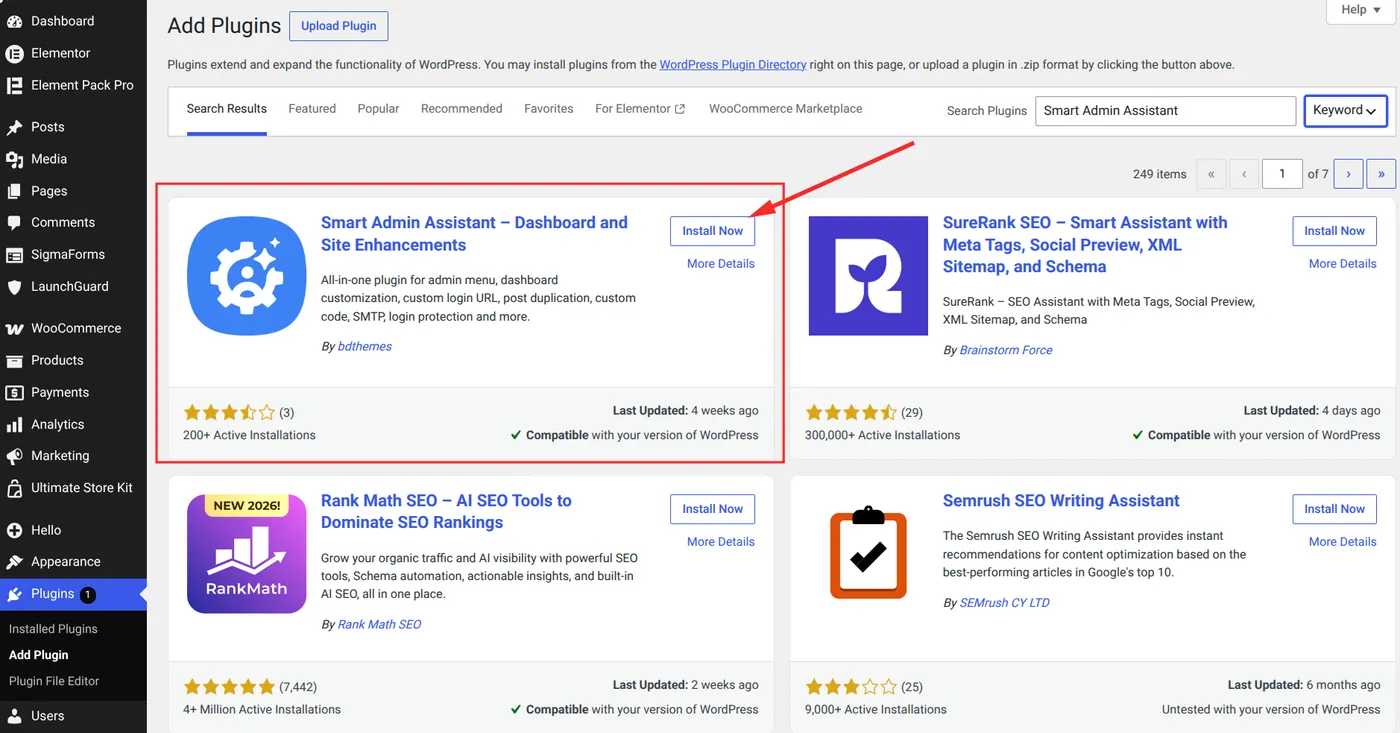Install Smart Admin Assistant from the WordPress plugin directory