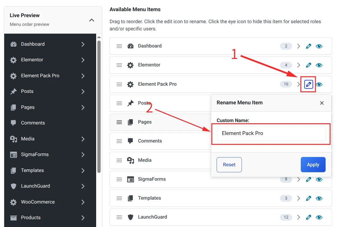 Rename WordPress admin menu items
