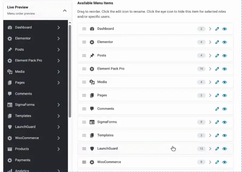 Drag and drop to reorder WordPress admin menu items
