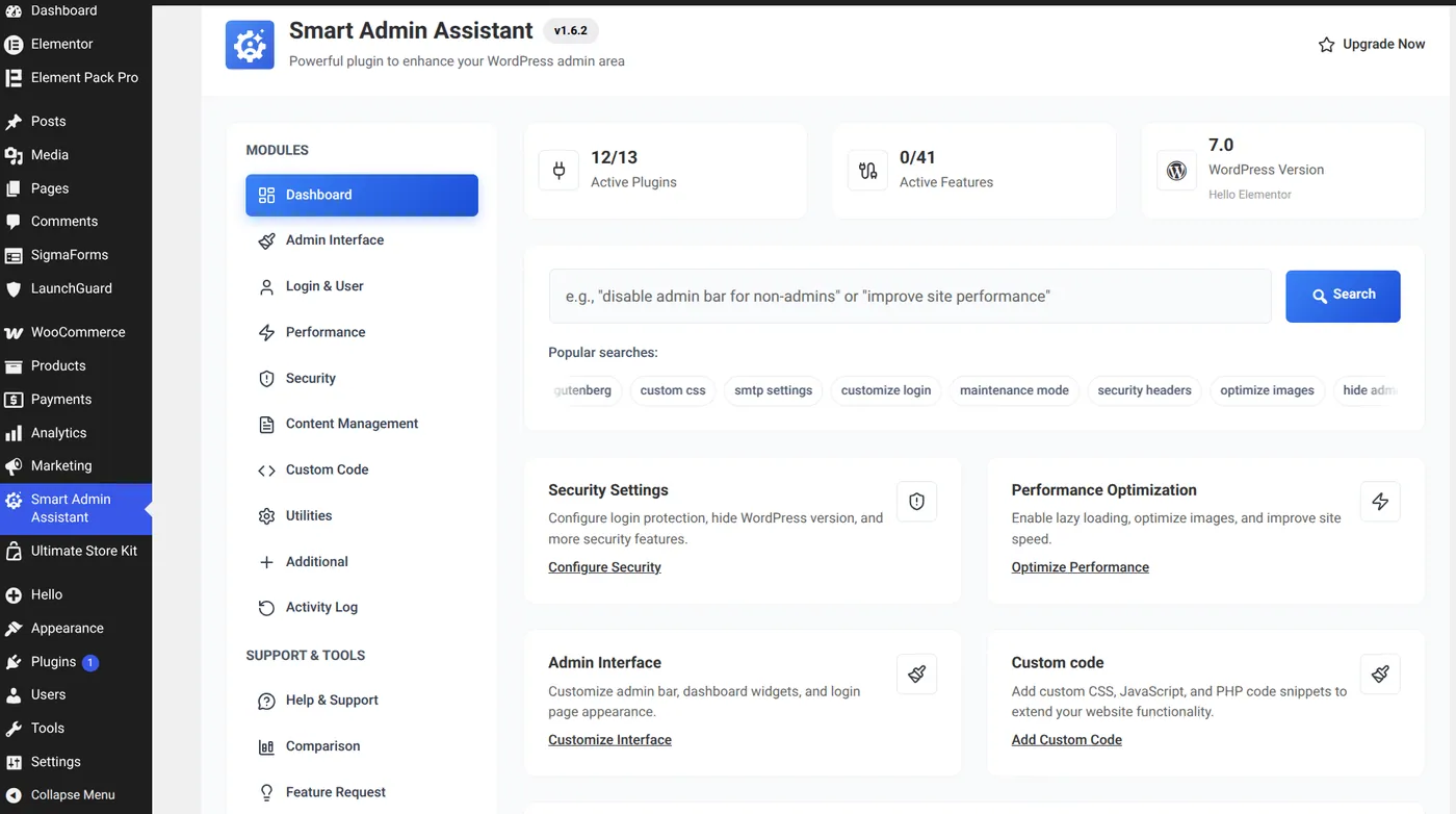 Smart Admin Assistant dashboard after activation