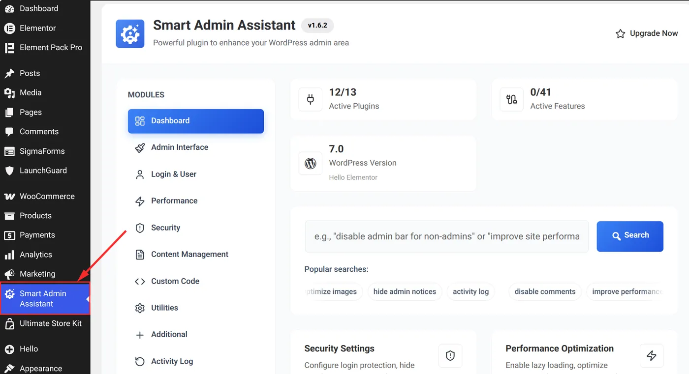 Smart Admin Assistant menu in the WordPress sidebar