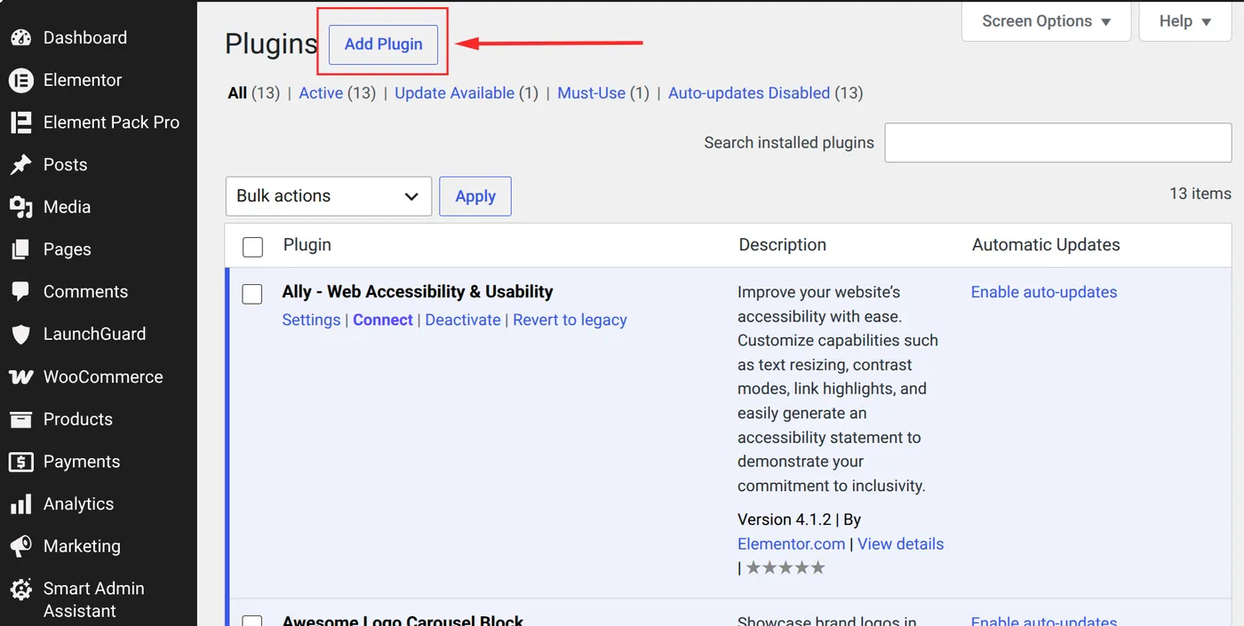 Add Plugins page in WordPress
