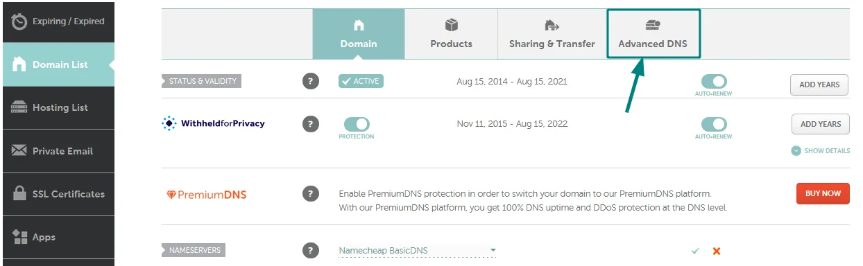 Advanced DNS tab where A and CNAME records are managed