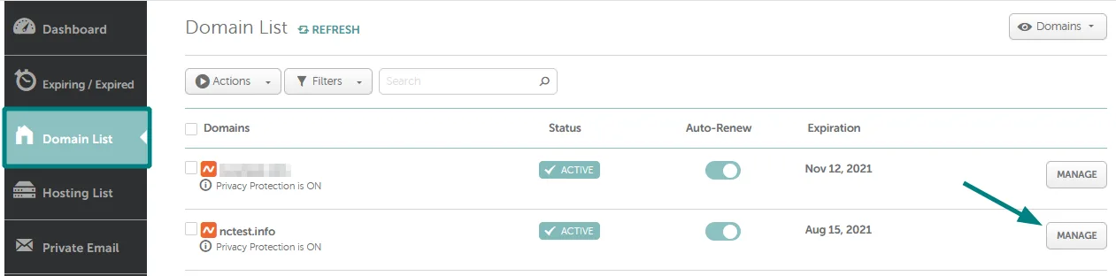Registrar domain management panel with a Manage button