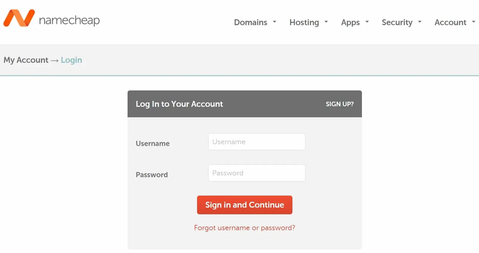 Domain registrar login screen