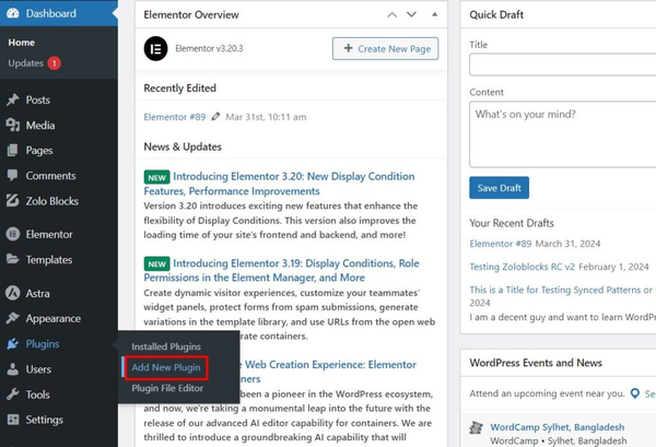 WordPress dashboard &gt; Add New Plugin