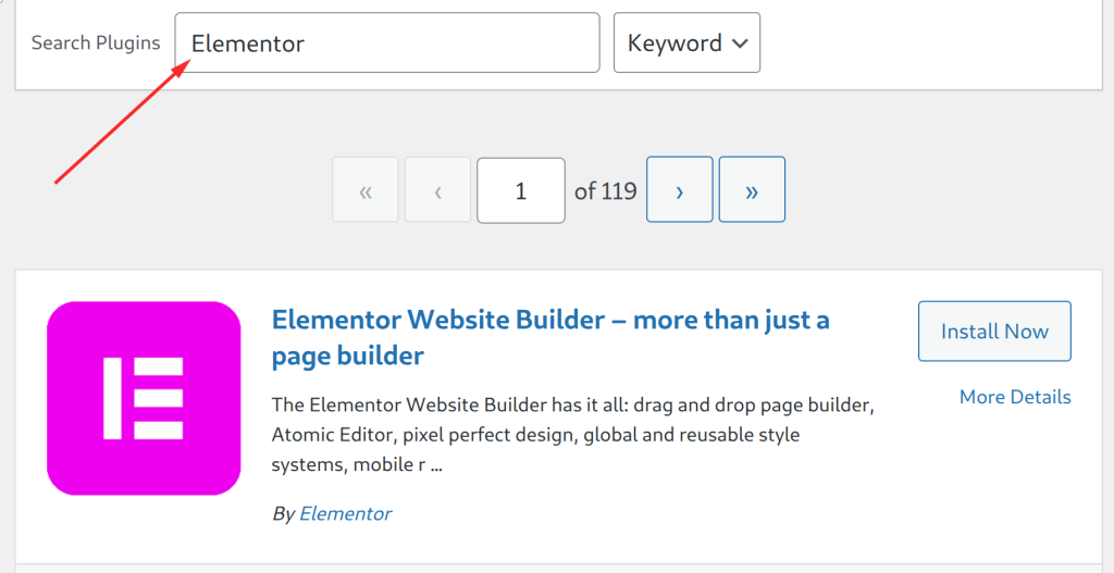 Type &quot;Elementor&quot; in the search bar