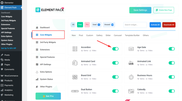 Elementor dashboard with widget options