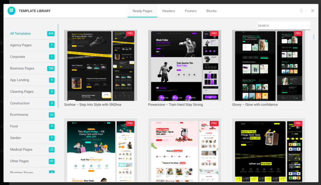 Various website templates displayed in grid