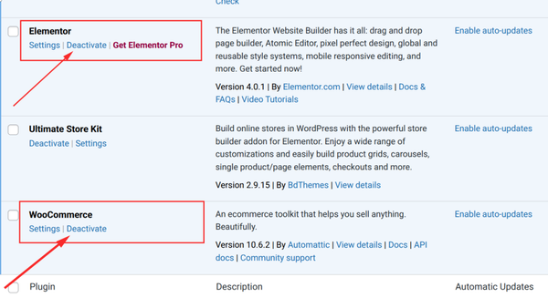 WordPress plugins management interface screenshot