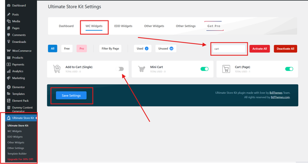 E-commerce settings interface with options