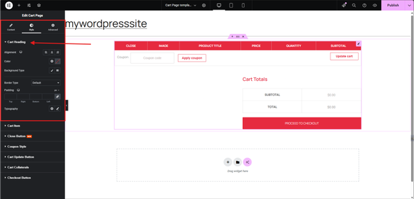 Editing cart page layout settings