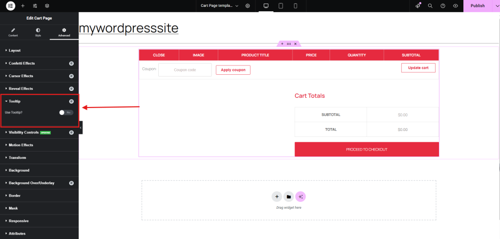 WordPress cart page editing interface