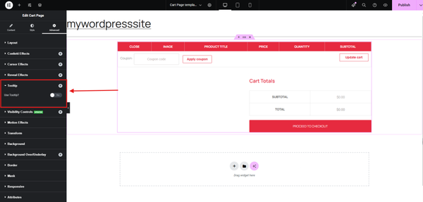 WordPress cart page editing interface