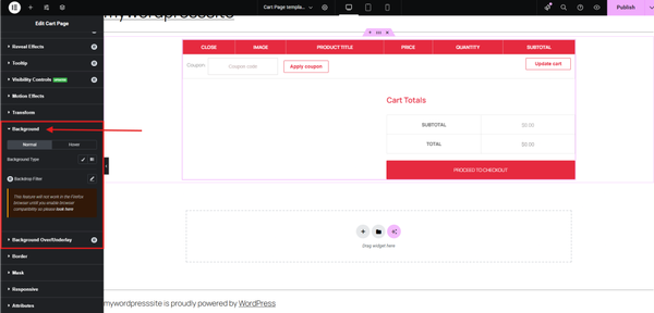 WordPress cart page editing interface