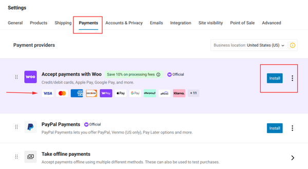 Payment settings with various options