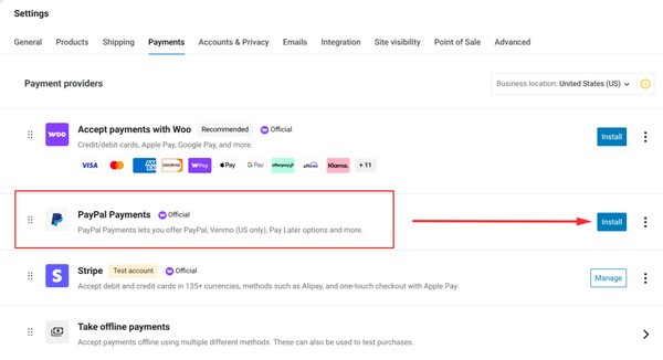 Payment settings with PayPal option