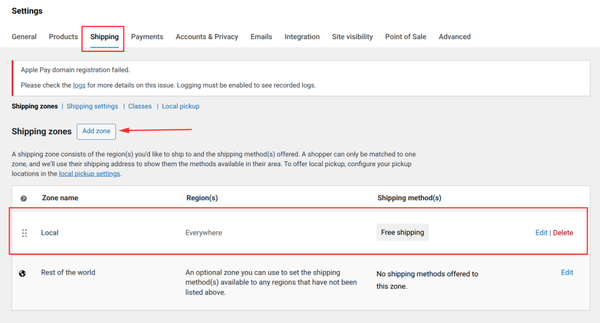 Shipping settings with zone details