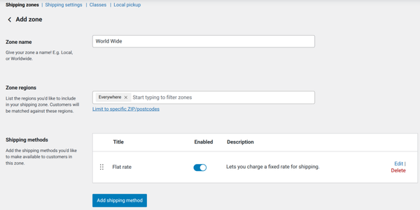 Shipping zone configuration interface screenshot